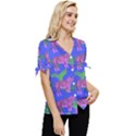Pink Tigers On A Blue Background Bow Sleeve Button Up Top View3