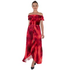 Cadmium Red Abstract Stars Off Shoulder Open Front Chiffon Dress by DimitriosArt