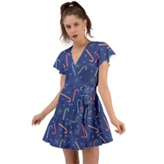 Christmas Candy Canes Flutter Sleeve Wrap Dress by SychEva
