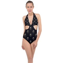 Creepy Head Sculpture With Respirator Motif Pattern Halter Front Plunge Swimsuit by dflcprintsclothing