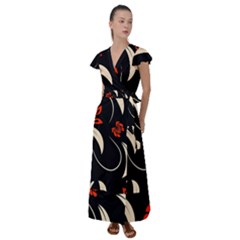 Folk Flowers Print Floral Pattern Ethnic Art Flutter Sleeve Maxi Dress by Eskimos