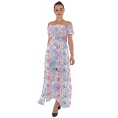 Notepads Pens And Pencils Off Shoulder Open Front Chiffon Dress by SychEva