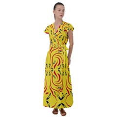 Floral Folk Damask Pattern  Flutter Sleeve Maxi Dress by Eskimos