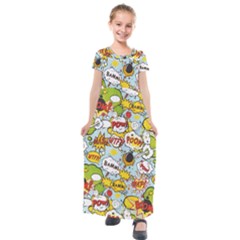 Comic Pow Bamm Boom Poof Wtf Pattern 1 Kids  Short Sleeve Maxi Dress by EDDArt