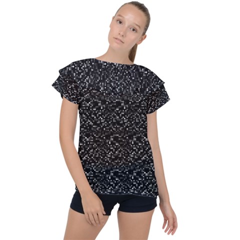 Pixel Grid Dark Black And White Pattern Ruffle Collar Chiffon Blouse by dflcprintsclothing