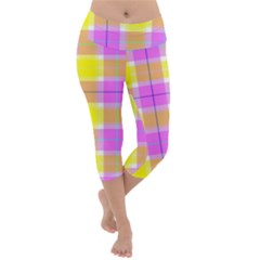 Pink Tartan-8 Lightweight Velour Capri Yoga Leggings by tartantotartanspink