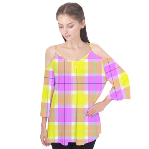 Pink Tartan-8 Flutter Sleeve Tee  by tartantotartanspink2