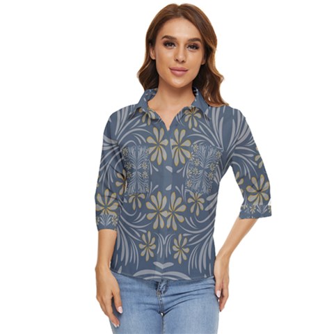Folk Flowers Print Floral Pattern Ethnic Art Women s Quarter Sleeve Pocket Shirt by Eskimos