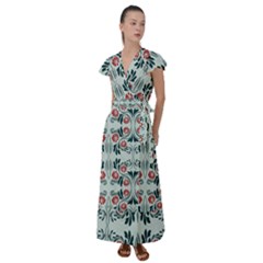 Folk Flowers Print Floral Pattern Ethnic Art Flutter Sleeve Maxi Dress by Eskimos