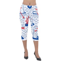 Nautical Cats Seamless Pattern Lightweight Velour Capri Leggings  by Jancukart
