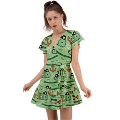 Seamless Pattern Fishes Pirates Cartoon Flutter Sleeve Wrap Dress by Jancukart