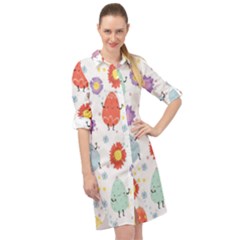 Easter Seamless Pattern With Cute Eggs Flowers Long Sleeve Mini Shirt Dress by Jancukart