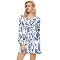 Hand-drawn-back-school-pattern Tiered Long Sleeve Mini Dress by Jancukart