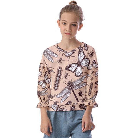 Vintage-drawn-insect-seamless-pattern Kids  Cuff Sleeve Top by Jancukart