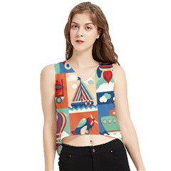 Toy-transport-cartoon-seamless-pattern-with-airplane-aerostat-sail-yacht-vector-illustration V-neck Cropped Tank Top by Jancukart