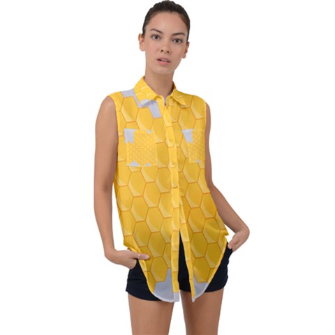 Hexagons Yellow Honeycomb Hive Bee Hive Pattern Sleeveless Chiffon Button Shirt by artworkshop