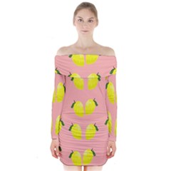Yellow Lemons On Pink Long Sleeve Off Shoulder Dress by FunDressesShop