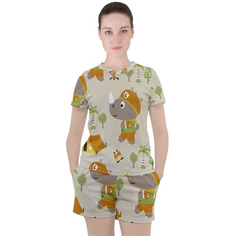 Seamless-pattern-vector-with-funny-boy-scout-scout-day-background Women s Tee And Shorts Set by Jancukart