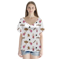 Children-wallpaper-background V-neck Flutter Sleeve Top by Jancukart