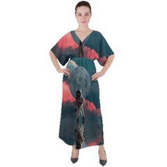 Astronaut-moon-space-nasa-planet V-neck Boho Style Maxi Dress by Jancukart