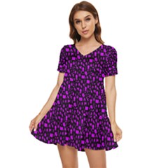 Small Bright Dayglo Purple Halloween Motifs Skulls, Spells & Cats On Spooky Black Tiered Short Sleeve Babydoll Dress by PodArtist