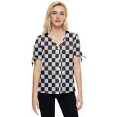 Large Black And White Watercolored Checkerboard Chess Bow Sleeve Button Up Top by PodArtist