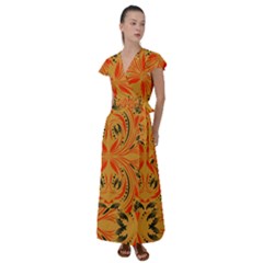 Folk Flowers Print Floral Pattern Ethnic Art Flutter Sleeve Maxi Dress by Eskimos