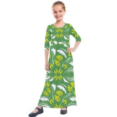 Folk Flowers Print Floral Pattern Ethnic Art Kids  Quarter Sleeve Maxi Dress by Eskimos