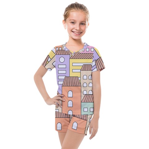 Houses City Architecture Building Kids  Mesh Tee And Shorts Set by Sapixe