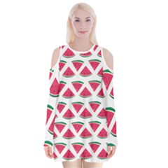 Illustration Watermelon Fruit Food Melon Velvet Long Sleeve Shoulder Cutout Dress by Sapixe