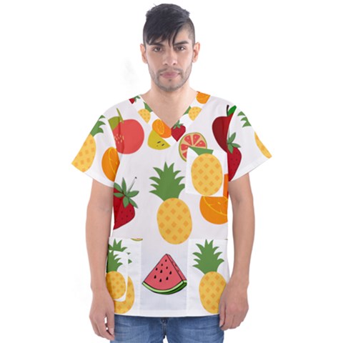 Fruits Cartoon Men s V-neck Scrub Top by Sapixe