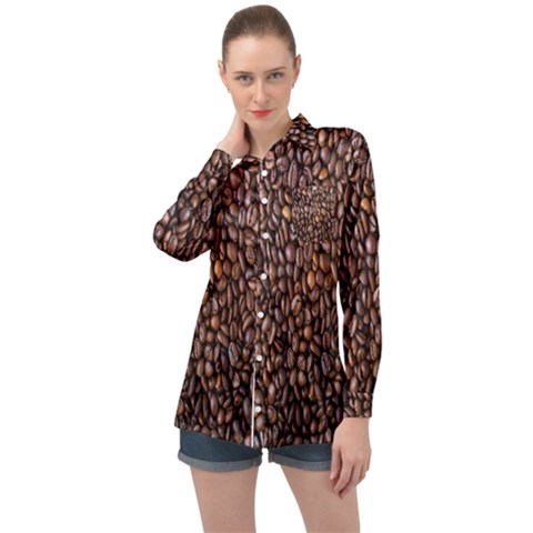Coffee Beans Food Texture Long Sleeve Satin Shirt by artworkshop