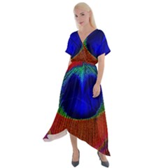 Red Peacock Plumage Fearher Bird Pattern Cross Front Sharkbite Hem Maxi Dress by Wegoenart