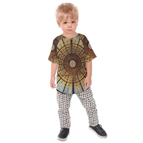 Barcelona Stained Glass Window Kids  Raglan Tee by Amaryn4rt