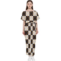 Illustration Checkered Pattern Decoration Batwing Lightweight Chiffon Jumpsuit by Amaryn4rt