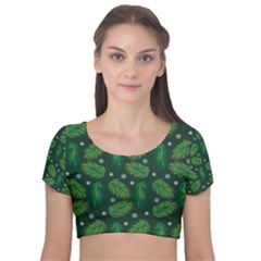 Leaves Snowflake Pattern Holiday Velvet Short Sleeve Crop Top  by Amaryn4rt