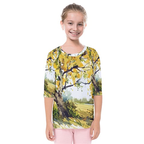 Landscape Painting Meadow Garden Kids  Quarter Sleeve Raglan Tee by Wegoenart