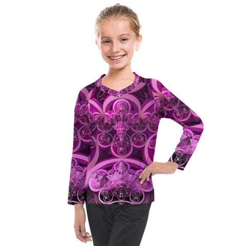 Fractal-math-geometry-visualization Pink Kids  Long Mesh Tee by Pakrebo