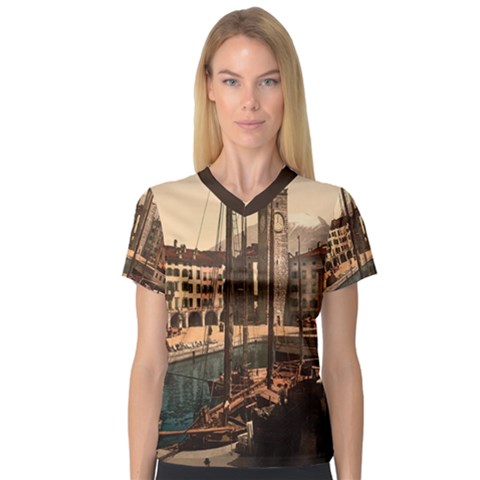 The Harbor, Riva, Lake Garda, Italy 1890-1900 2 Background Brown V-neck Sport Mesh Tee by ConteMonfrey