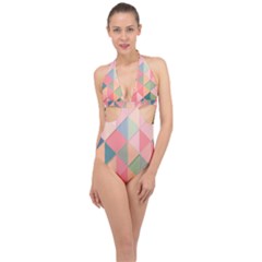 Illustration Pink Background Geometric Triangle Halter Front Plunge Swimsuit by Wegoenart