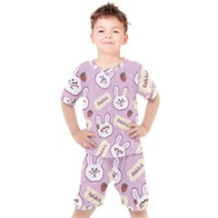 Illustration Rabbit Cartoon Background Pattern Kids  Tee And Shorts Set by Sudhe