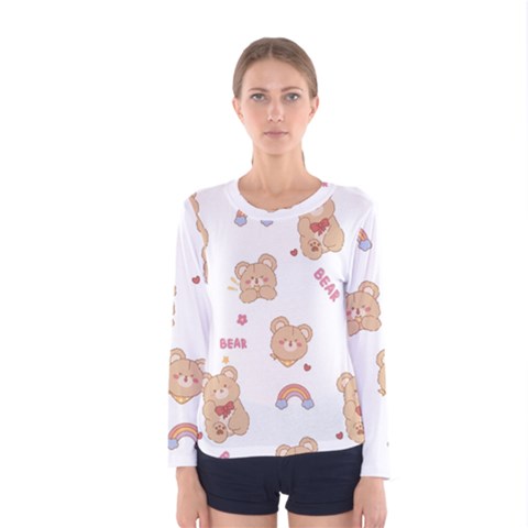 Illustrations Bear Cartoon Background Pattern Women s Long Sleeve Tee by Sudhe