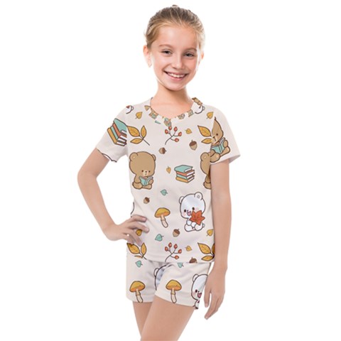 Illustration Bear Cartoon Background Pattern Kids  Mesh Tee And Shorts Set by Sudhe