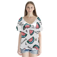Illustration Watermelon Fruit Sweet Slicee V-neck Flutter Sleeve Top by Sudhe