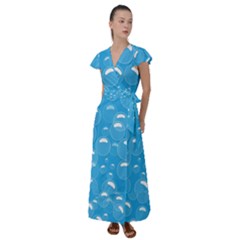 Pattern Blue Bubble Pattern Background Flutter Sleeve Maxi Dress by Amaryn4rt