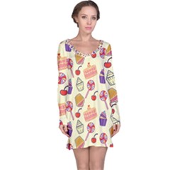 Food Illustration Cupcake Pattern Lollipop Long Sleeve Nightdress by Amaryn4rt