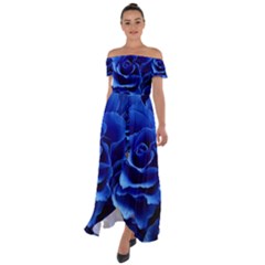 Blue Roses Flowers Plant Romance Off Shoulder Open Front Chiffon Dress by Wegoenart