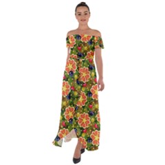 Fruits Star Blueberry Cherry Leaf Off Shoulder Open Front Chiffon Dress by Ravend