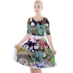 Zoo-animals-peacock-lion-hippo Quarter Sleeve A-line Dress by Pakrebo