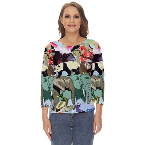 Zoo-animals-peacock-lion-hippo- Cut Out Wide Sleeve Top by Pakrebo